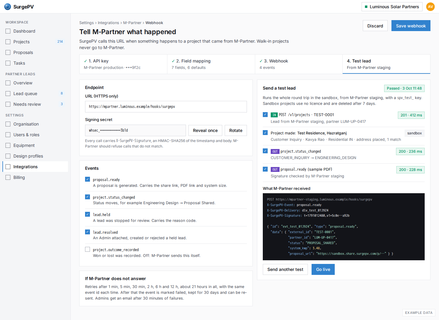 Webhook events and a test lead