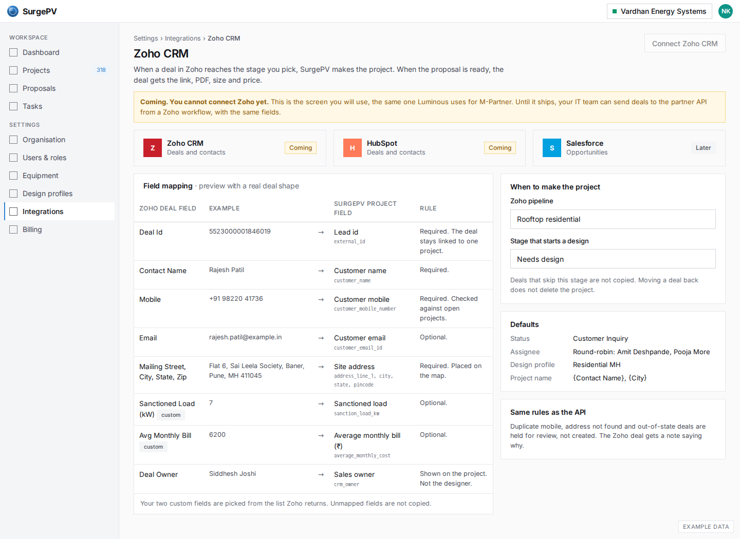 Zoho CRM: coming, same mapping screen