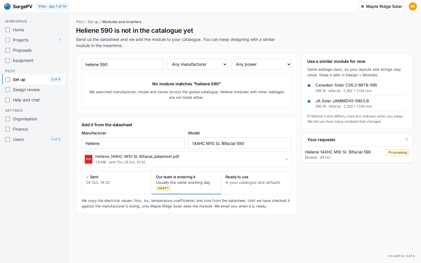 Module not in the catalogue: add it from the datasheet