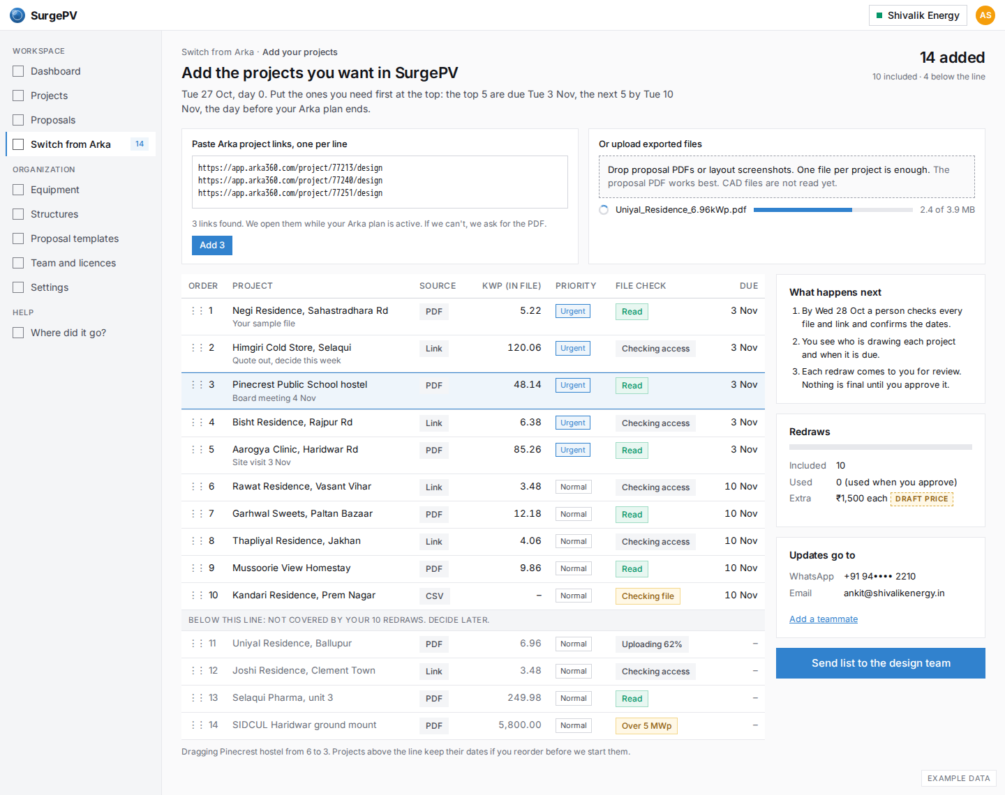 Add projects: paste Arka links or upload PDFs, set the order