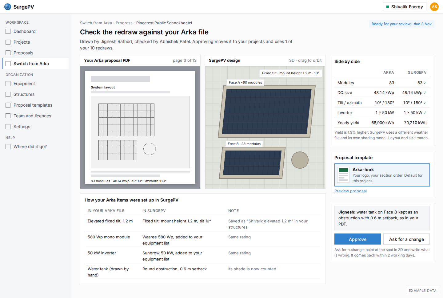 Review a redraw beside your Arka PDF, then approve
