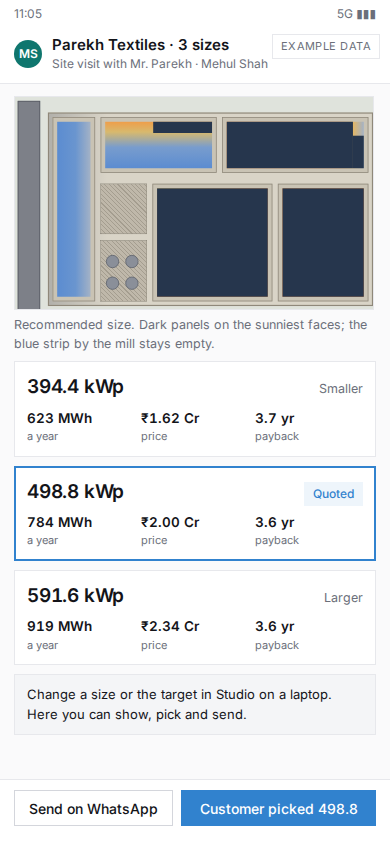 Phone: showing the three sizes at the client's site