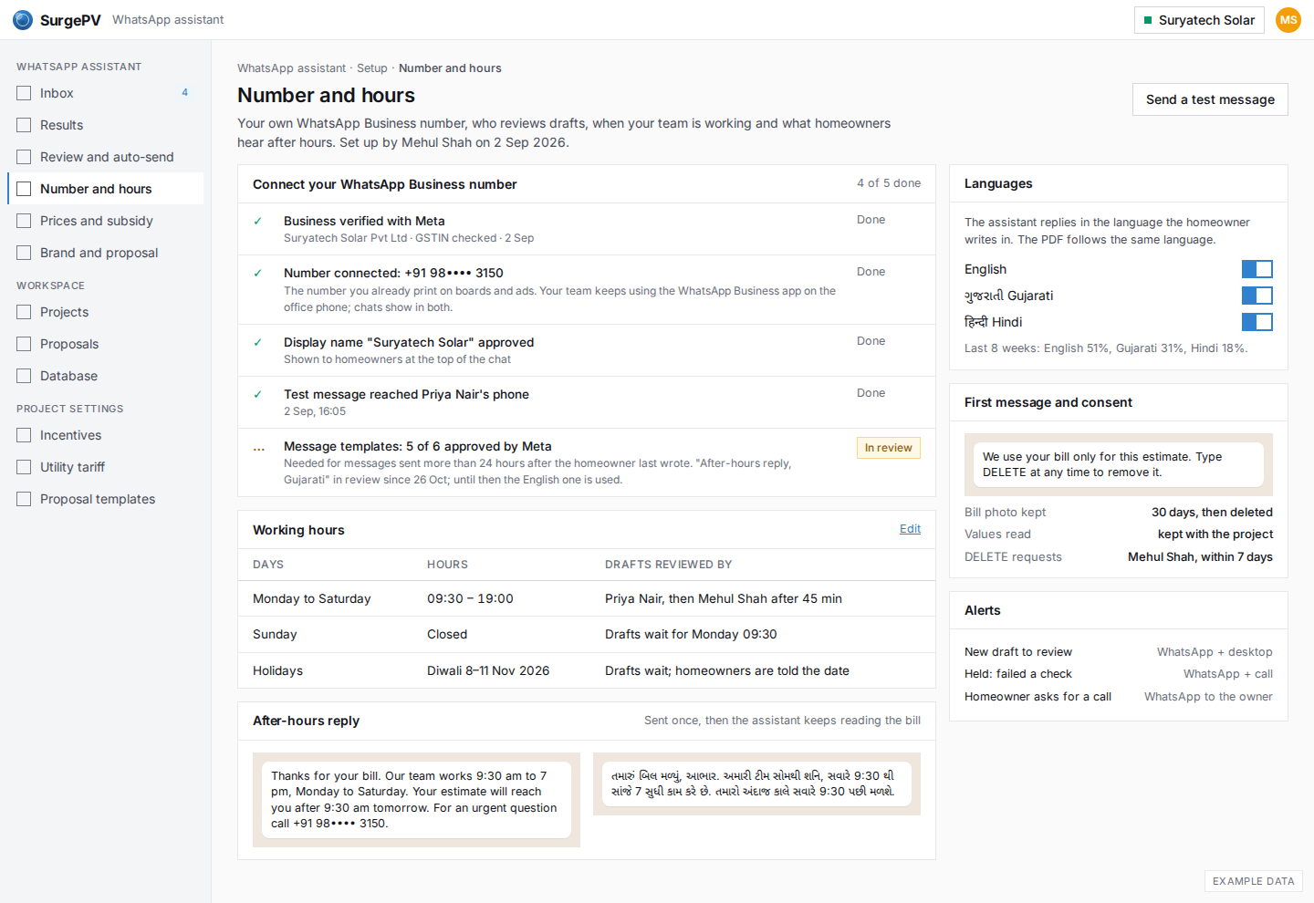 Setup: your number, hours and languages